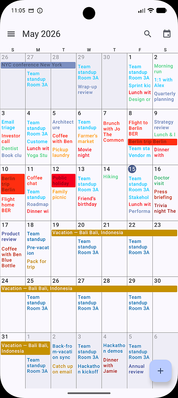 Calendar+ 2 month view — May 2026 with colored events