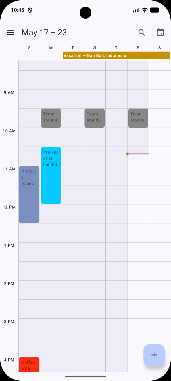 Week view — hours grid with concurrent events