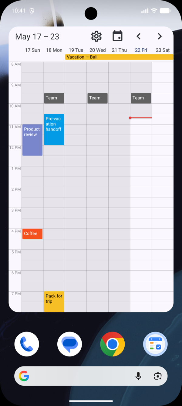 Week timeline widget on the home screen
